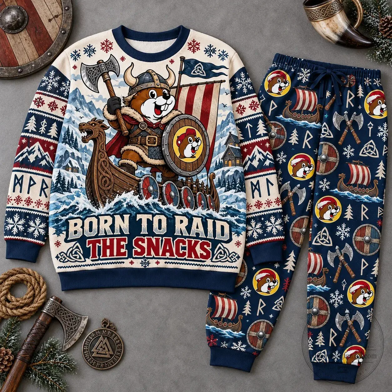 Buc-ee's Born to Raid the Snacks Viking Beaver Ugly Christmas Sweater