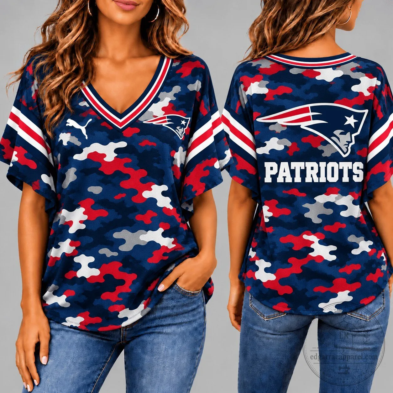 New England Patriots Camouflage Pattern Women's V-Neck Short Sleeve T-Shirt