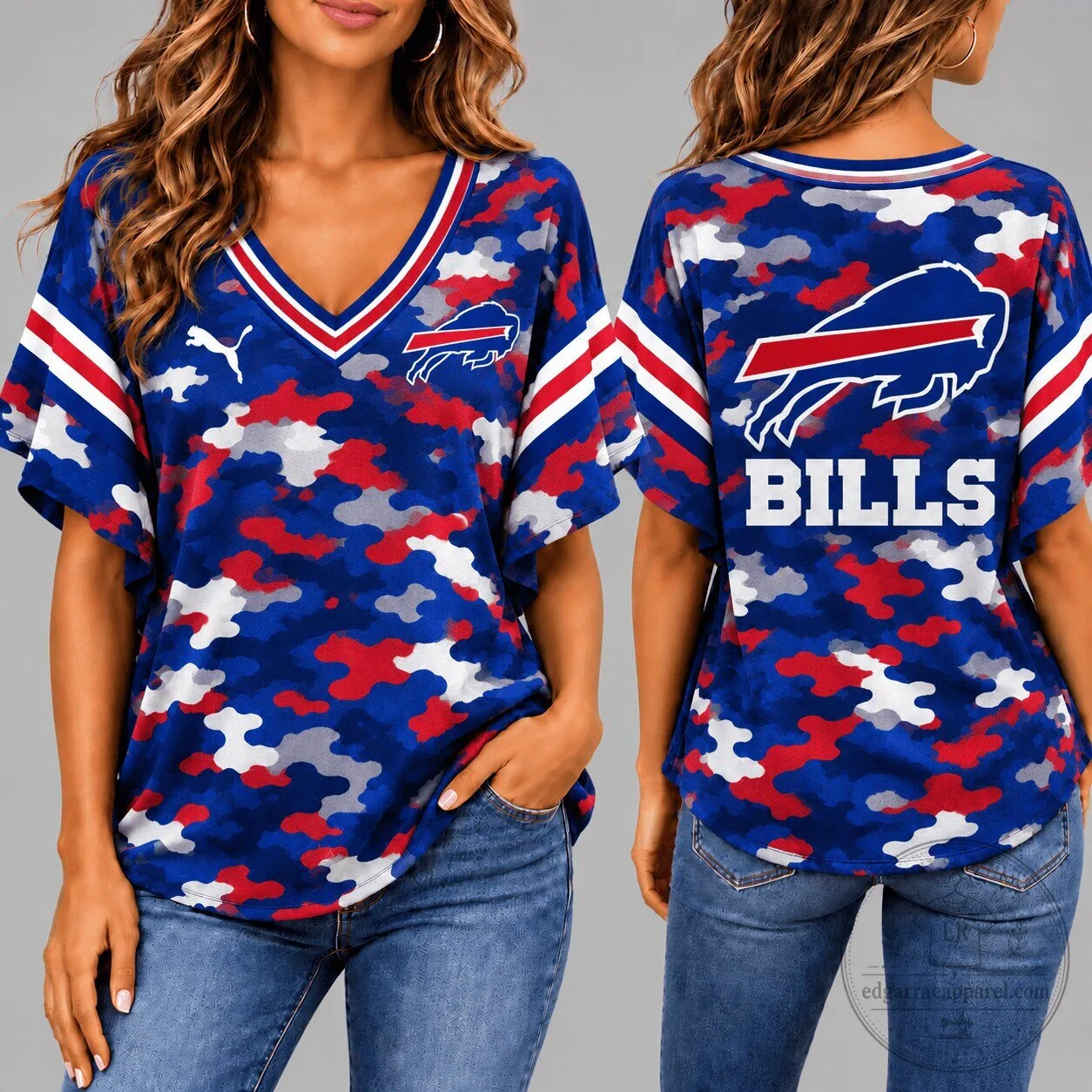 Buffalo Bills Camouflage Pattern V-Neck Short Sleeve Football T-Shirt for Women