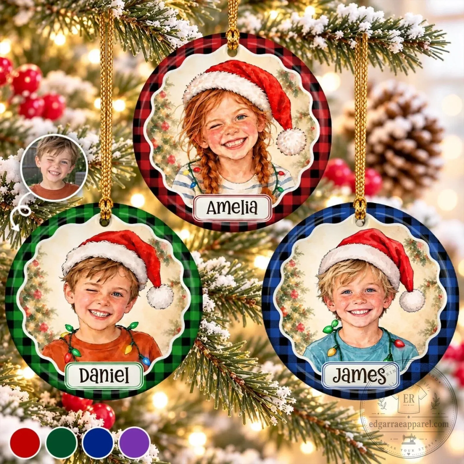 Personalized Kids Photo Christmas Ornament with Plaid Santa Hat Design