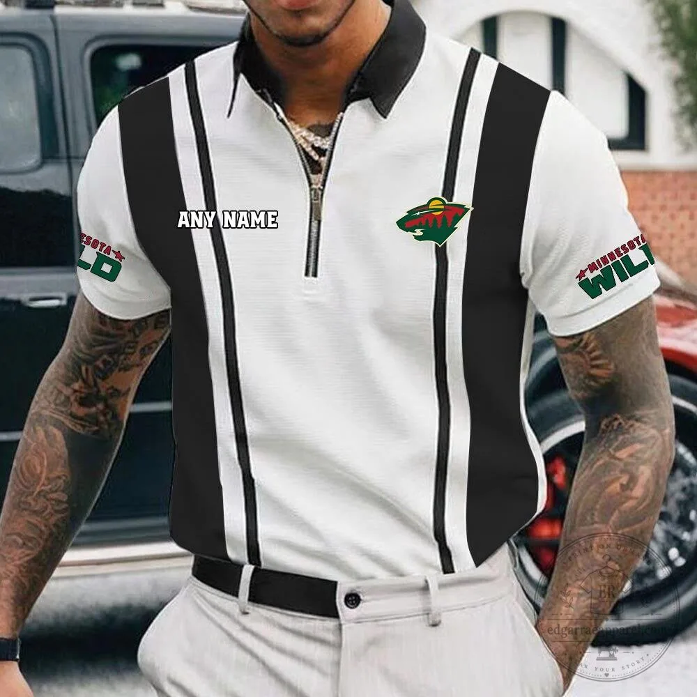Minnesota Wild Personalized Name Black and White Striped Zipper Polo Shirt