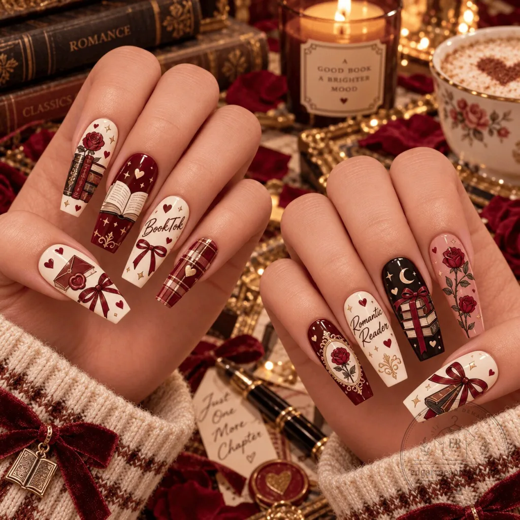 BookTok Romantic Reader Press-On Nails Set, Dark Academia Book Lover Manicure BookTok Romantic Reader Press-On Nails Set, Dark Academia Book Lover Manicure