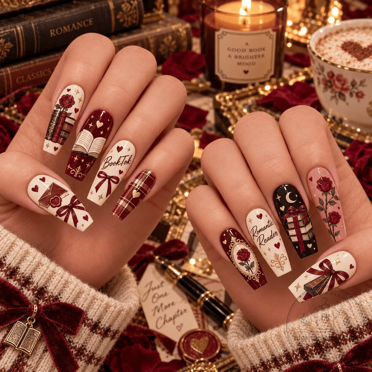 BookTok Romantic Reader Press-On Nails Set, Dark Academia Book Lover Manicure