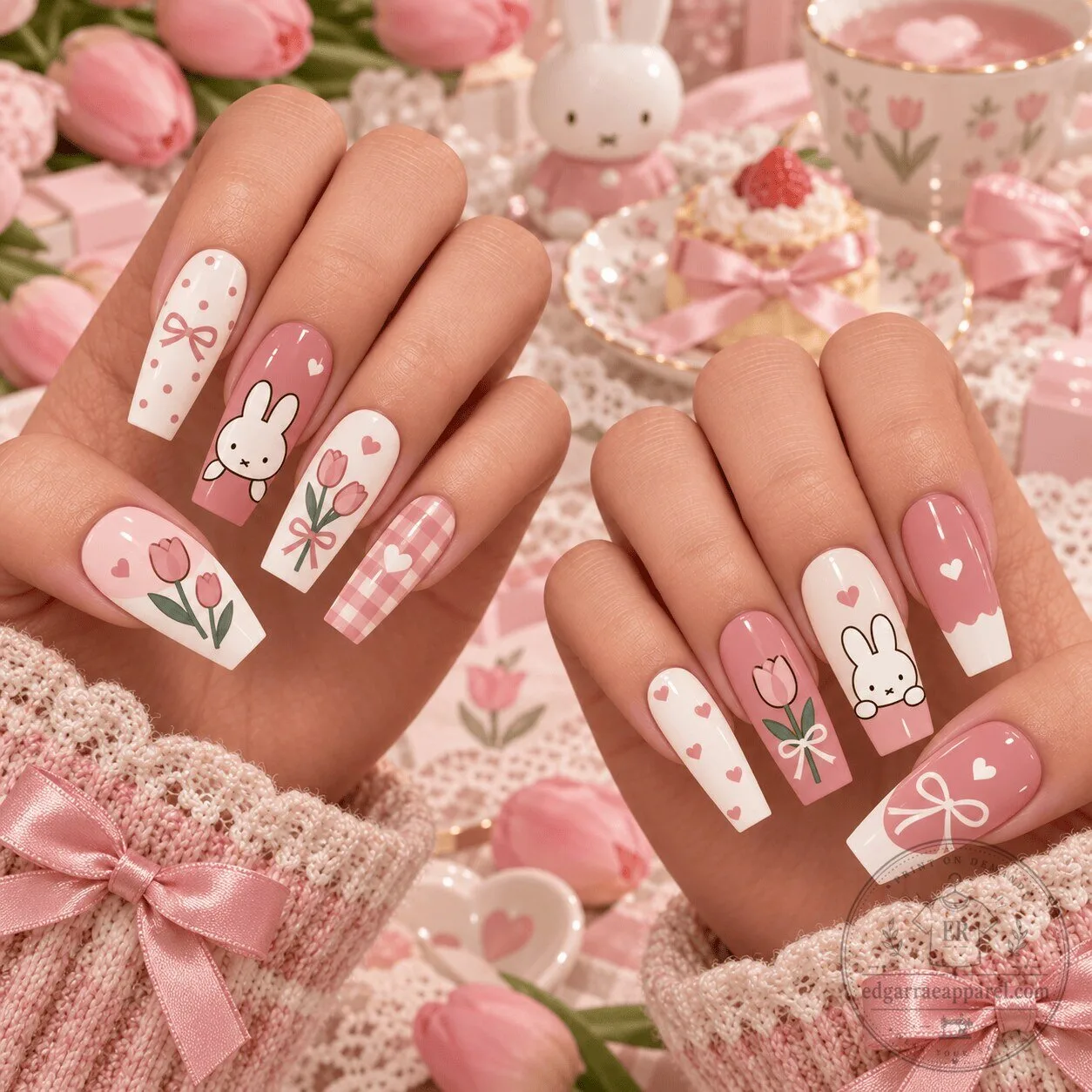 Miffy Bunny Pink Tulip Bow Minimalist Press-On Nails Set for Women