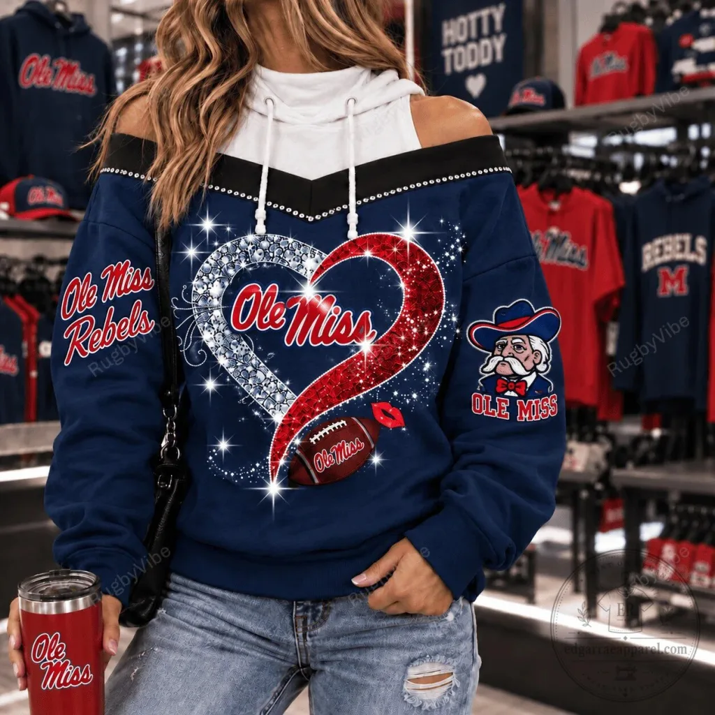 Ole Miss Rebels Glitter Heart Football Design Off-Shoulder Hoodie Ole Miss Rebels Glitter Heart Football Design Off-Shoulder Hoodie