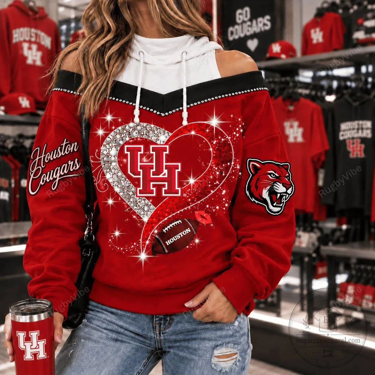 Houston Cougars Football Team Sparkle Heart Design Off Shoulder Hoodie