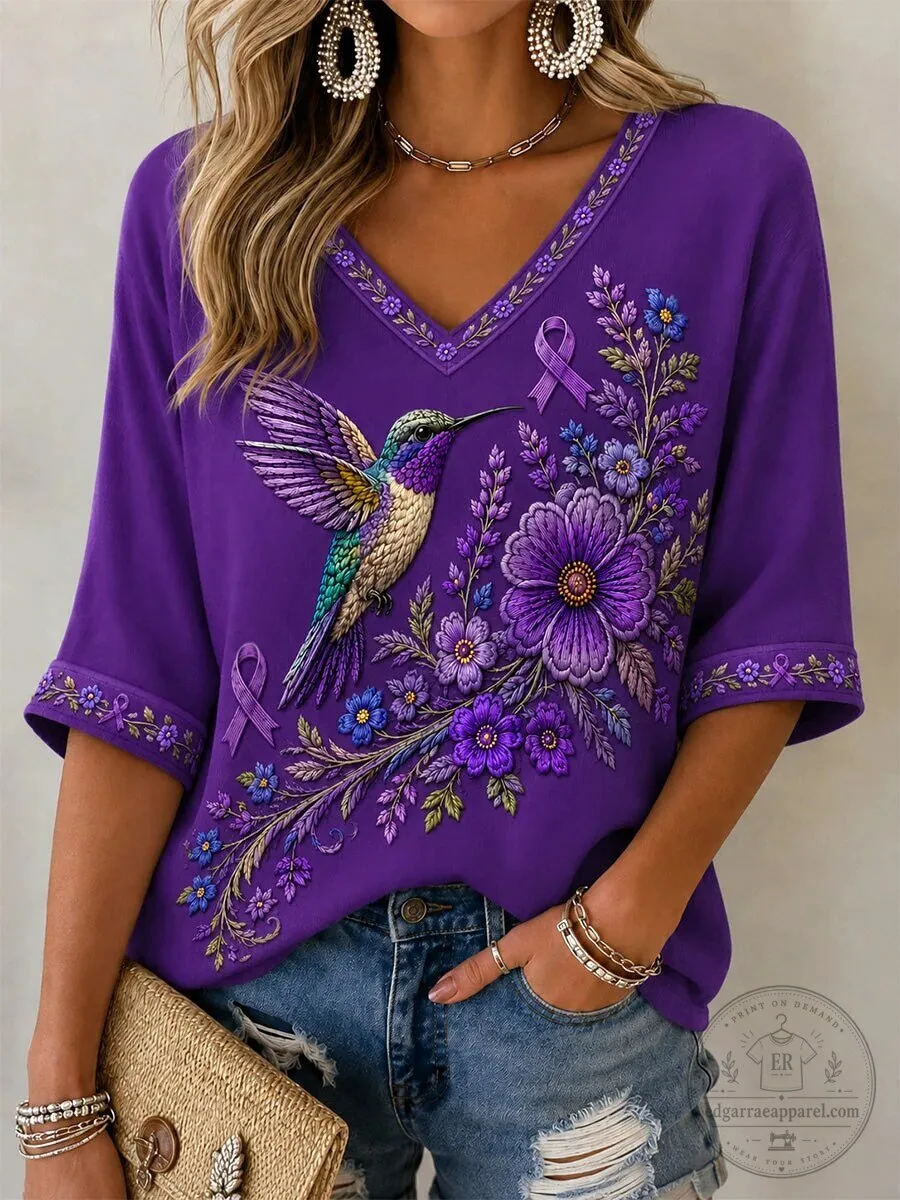Purple Hummingbird Floral Alzheimer's Awareness Support V-Neck T-Shirt for Women