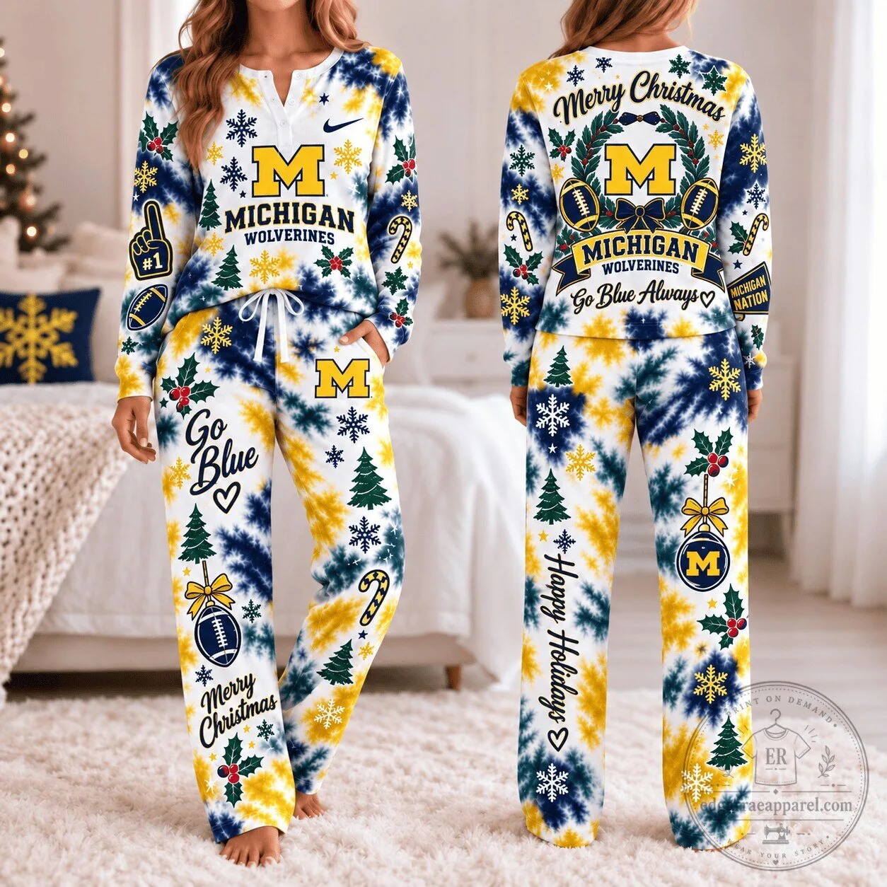 Michigan Wolverines Christmas Tie-Dye Long Sleeve Pajamas Set