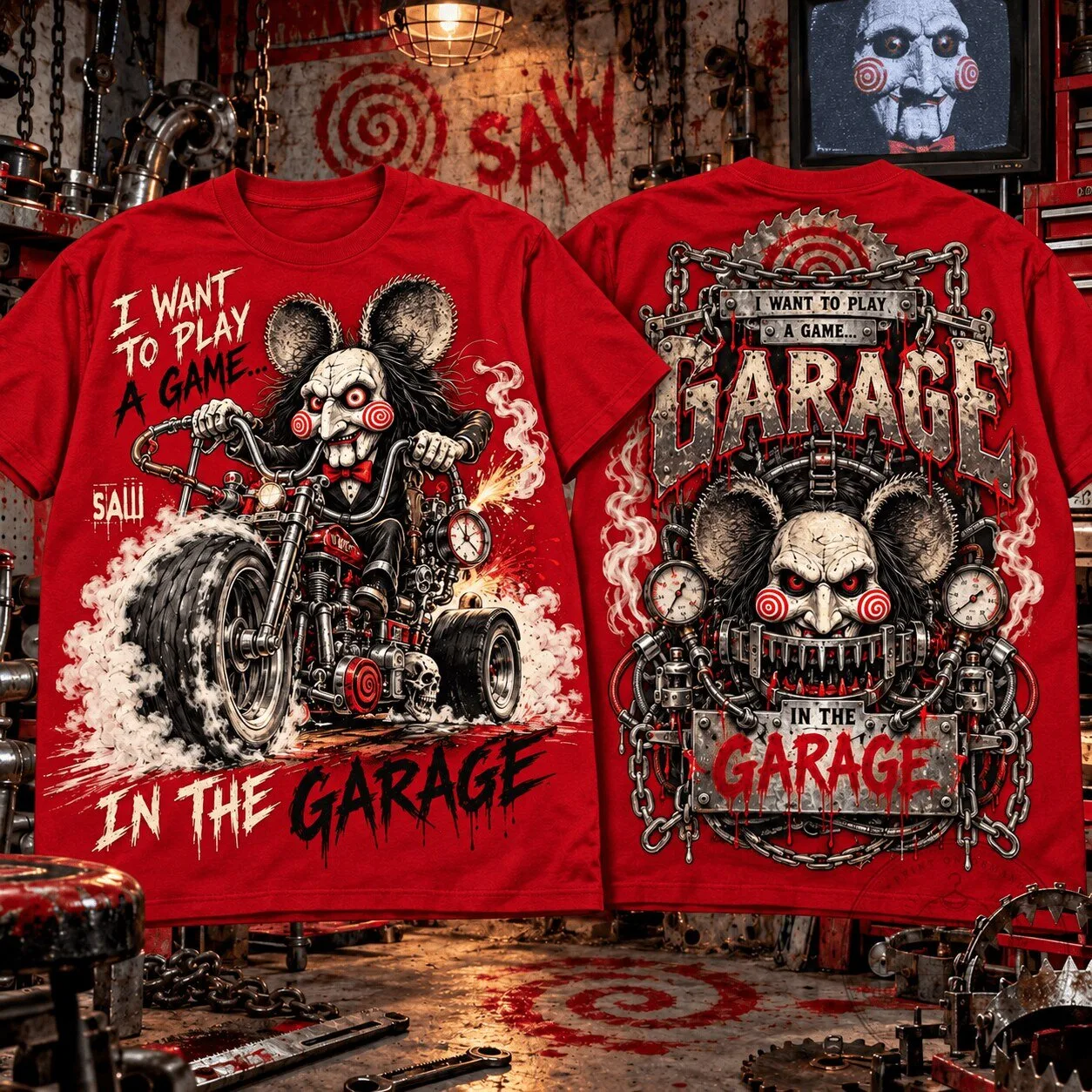 Saw Jigsaw Rat Fink I Want To Play A Game In The Garage Horror T-Shirt
