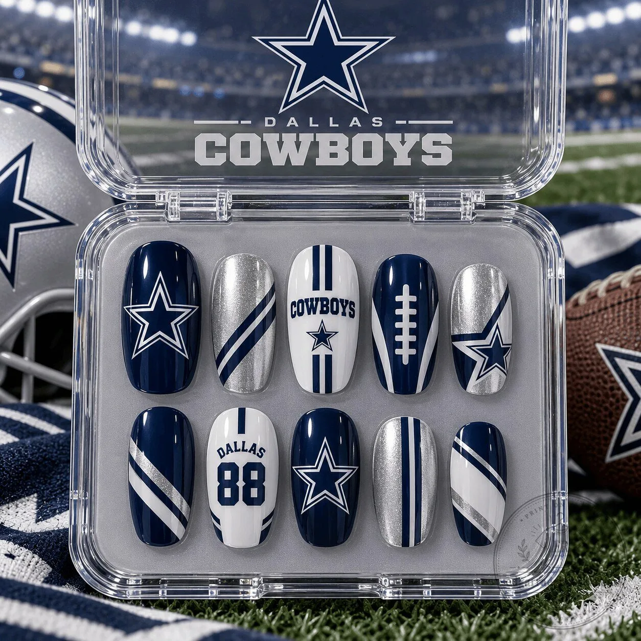 Dallas Cowboys NFL Football Team Blue Silver White Press On Nails Set