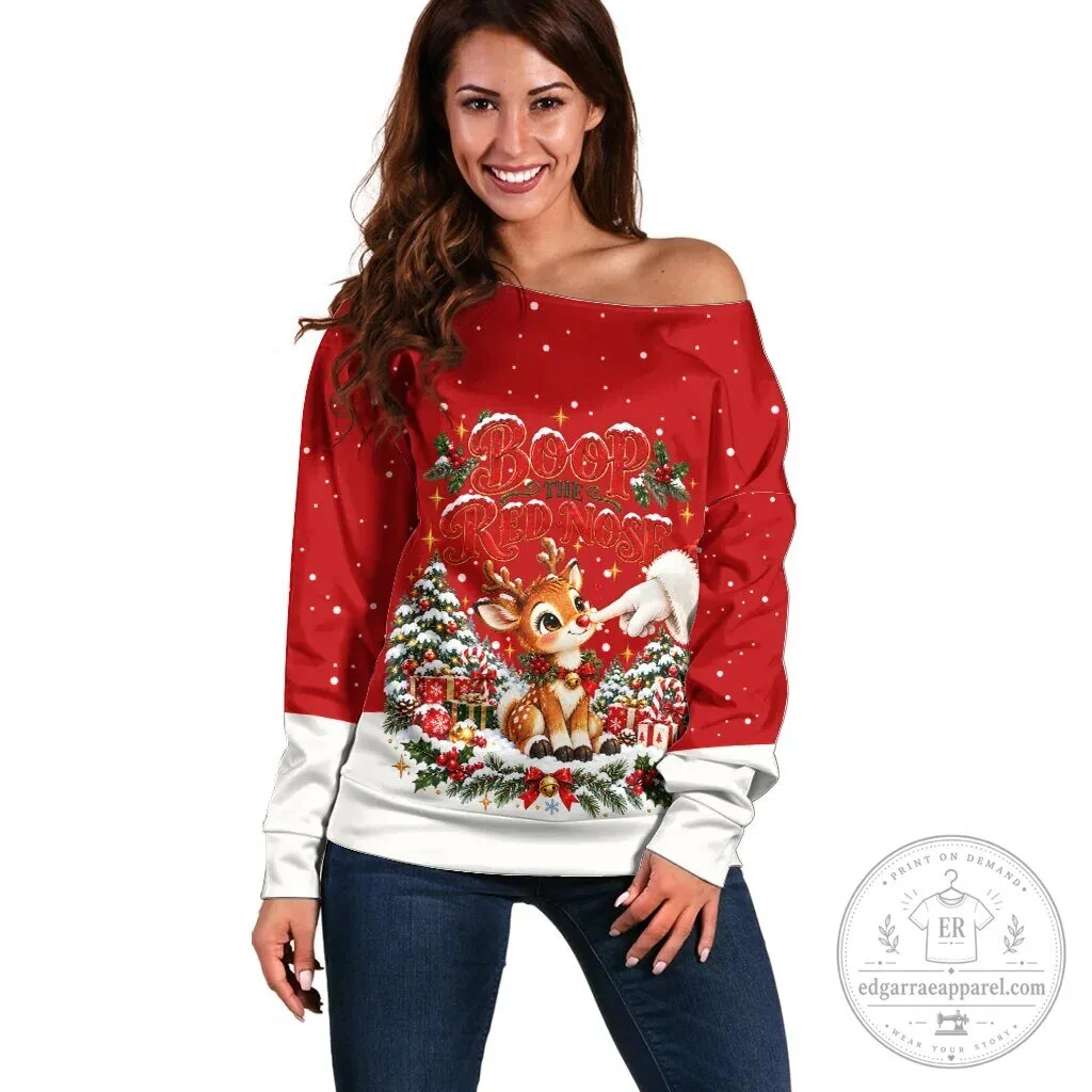 Cute Reindeer Boop The Red Nose Christmas Off Shoulder Sweatshirt