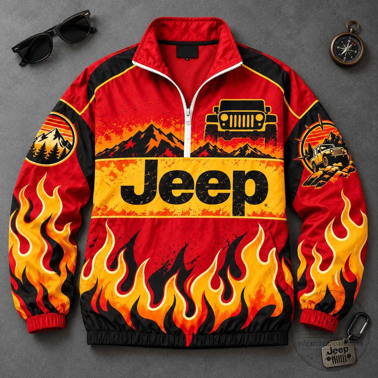 Jeep Red and Yellow Racing Flames Quarter-Zip Windbreaker Jacket