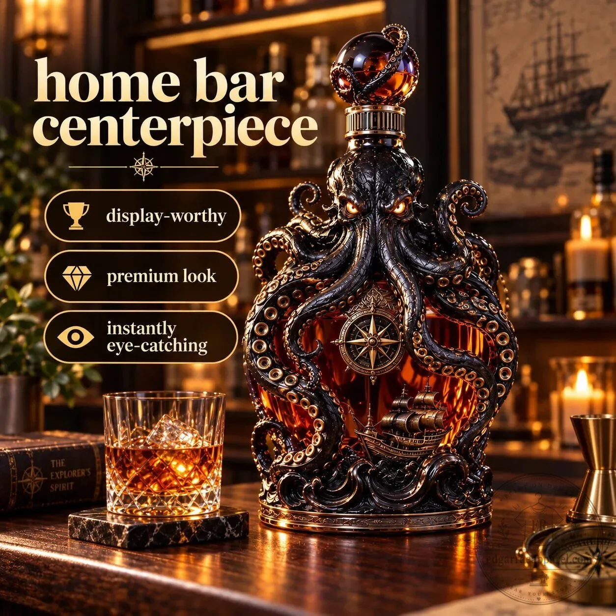 🐙 Kraken Voyage Octopus Whiskey Decanter | Gothic Nautical Bar Centerpiece