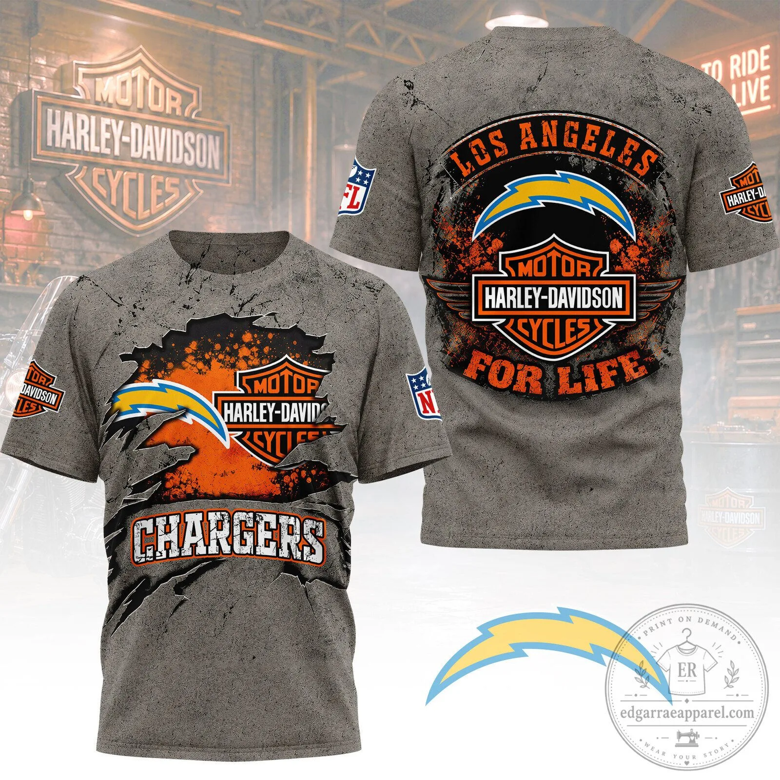Los Angeles Chargers Harley-Davidson For Life Football Team T-Shirt