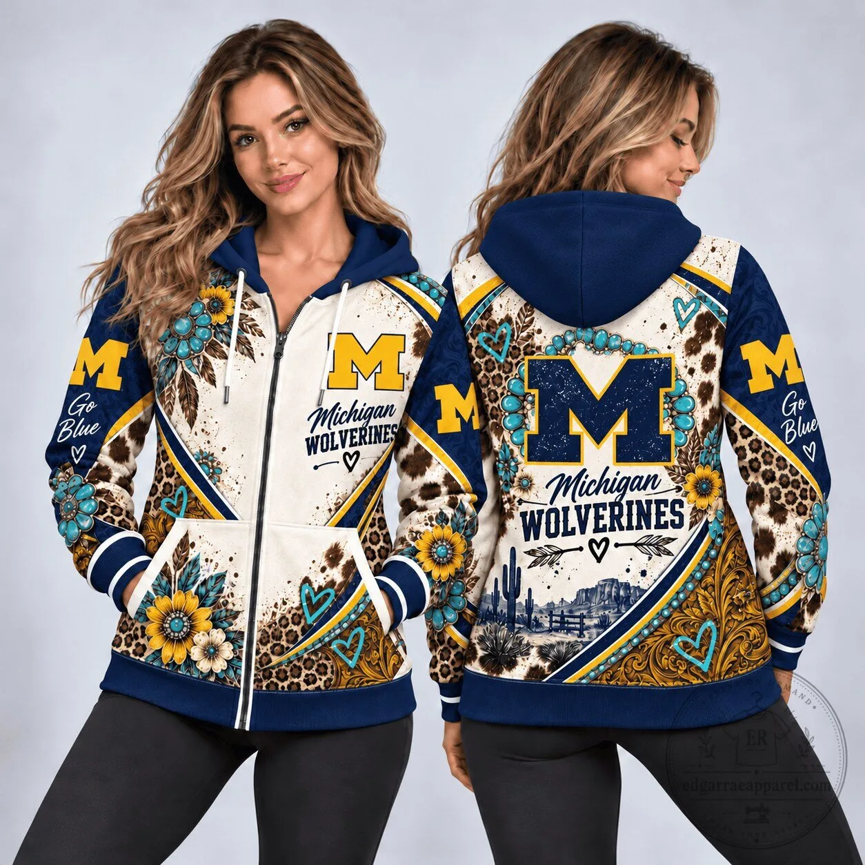 Michigan Wolverines Western Boho Floral Leopard Print Full-Zip Hoodie