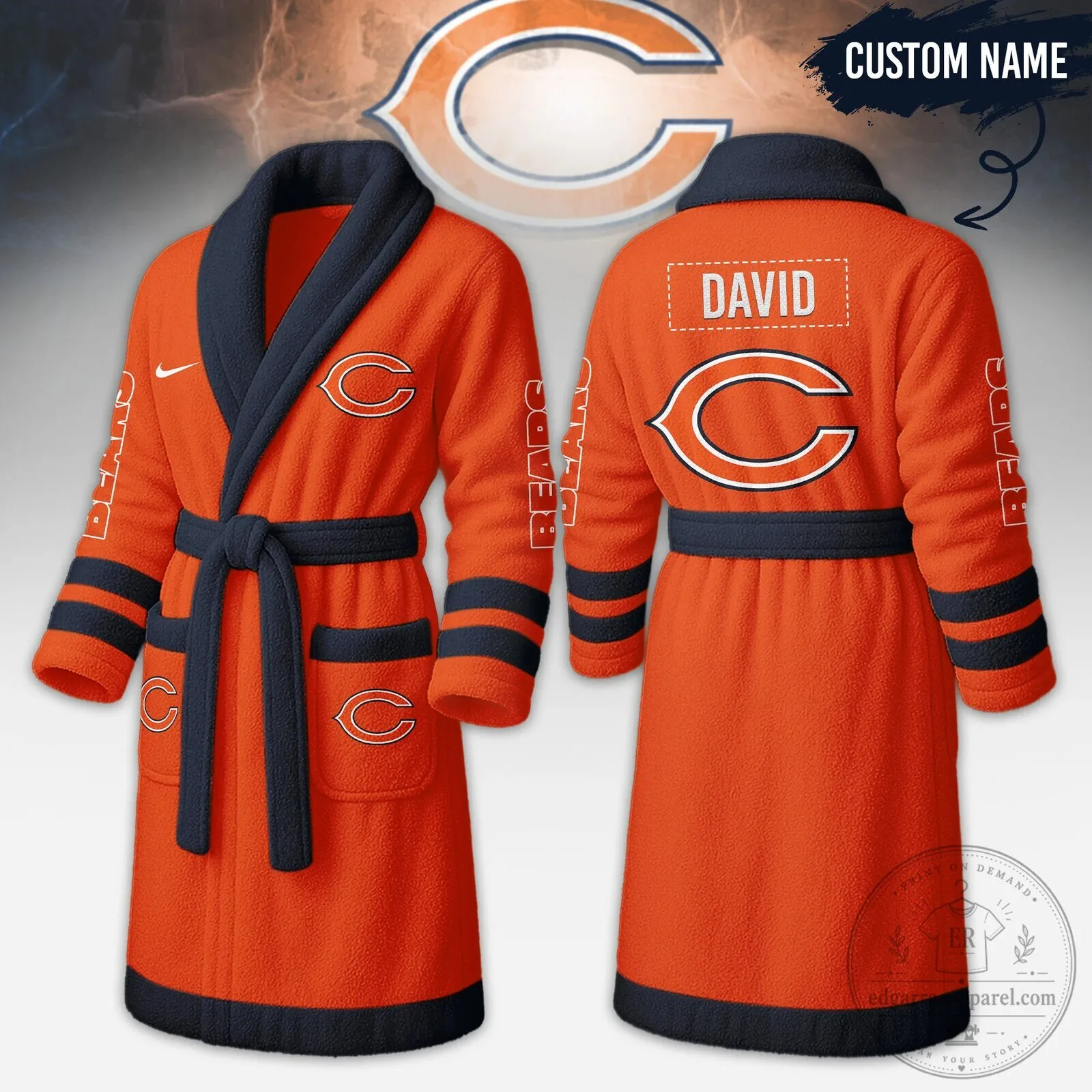 Chicago Bears Personalized Orange and Navy Fleece Robe for Adults
