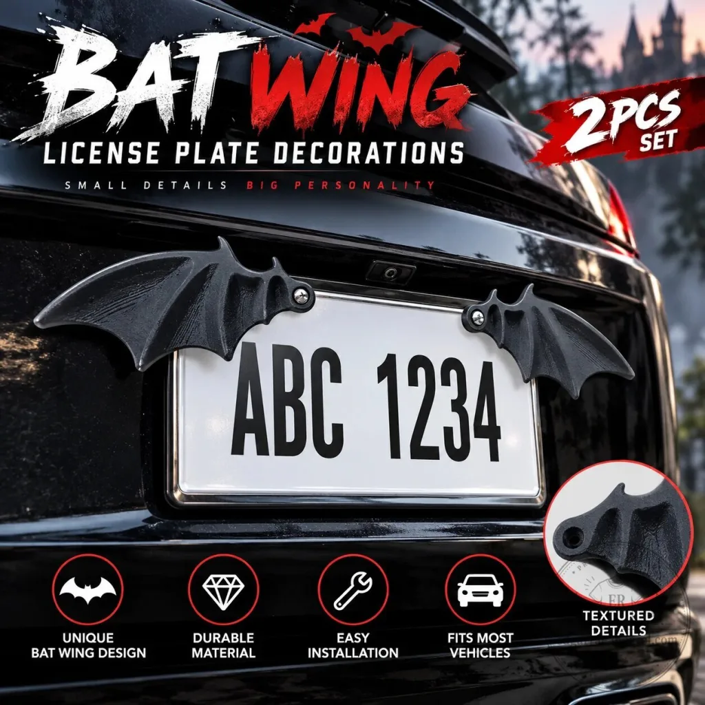 Bat Wing License Plate Frame Decor, Gothic Car Accessory, Halloween Auto Tag Cover
