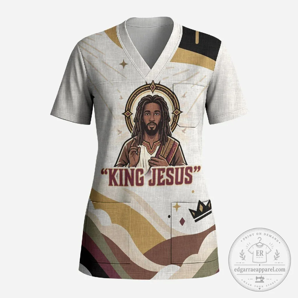 King Jesus African Black Christ Religious Christian Faith Holy Cross Scrub Top