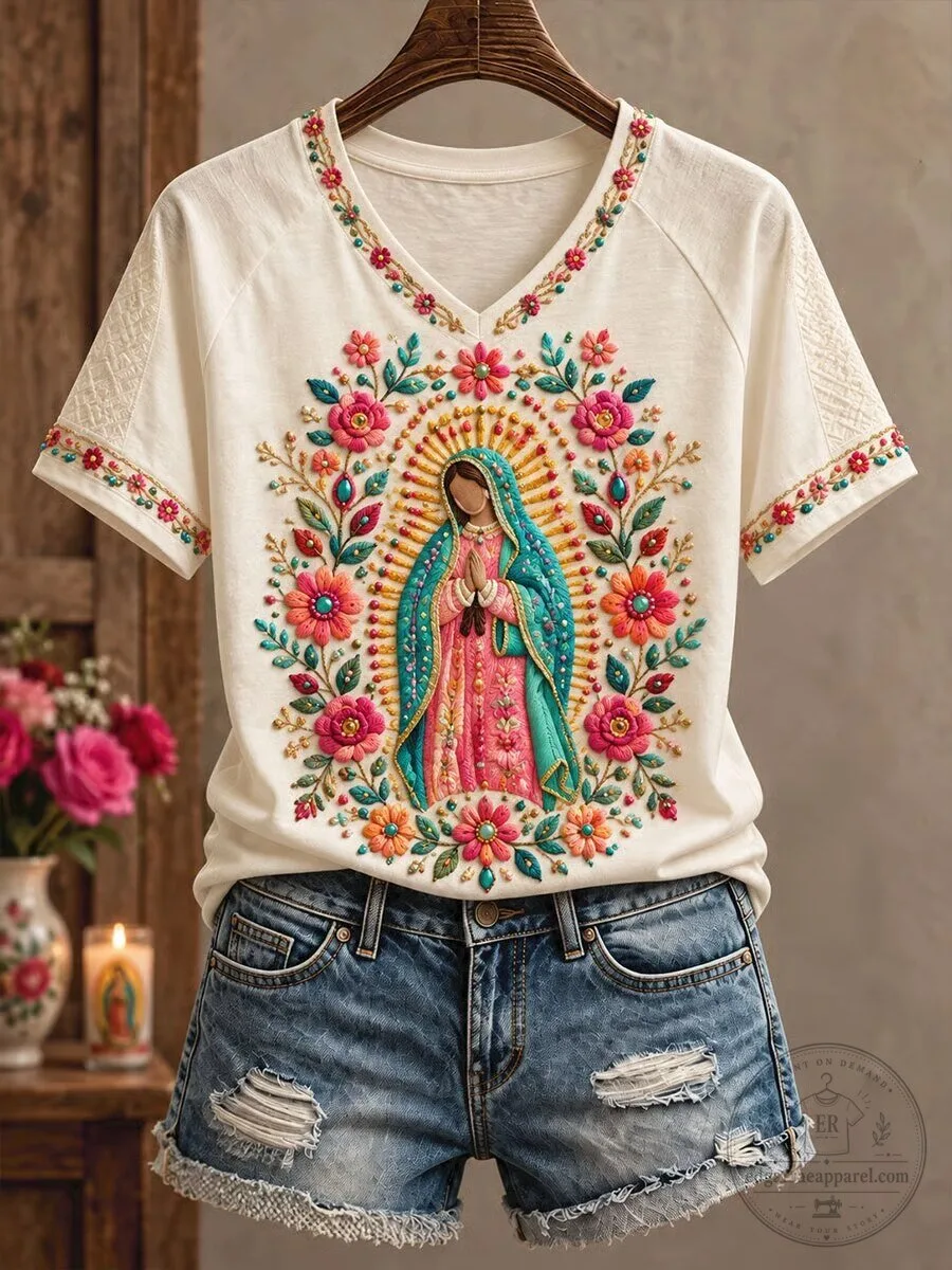 Floral V-Neck Short Sleeve T-Shirt featuring Our Lady of Guadalupe Embroidery