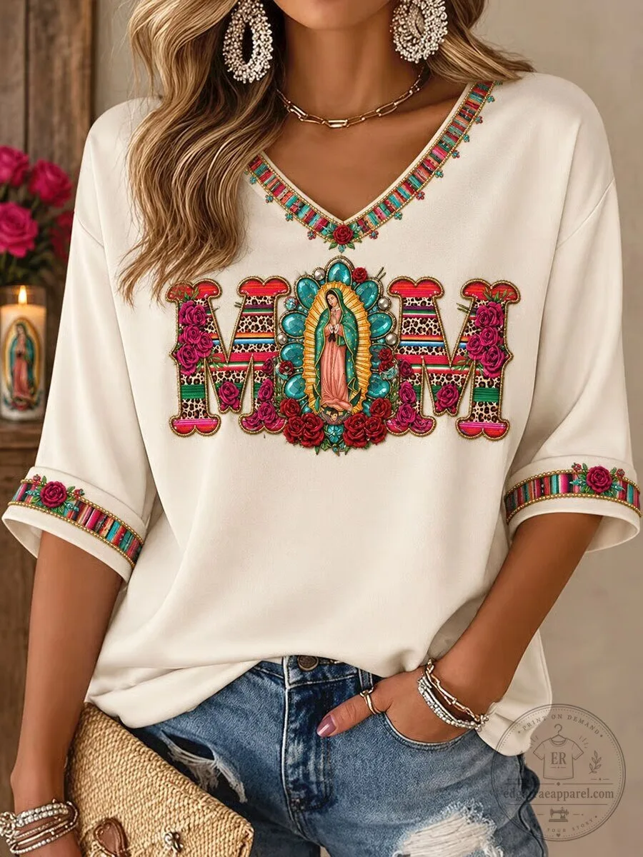 Our Lady of Guadalupe Virgin Mary Mami Graphic Print V-Neck T-Shirt