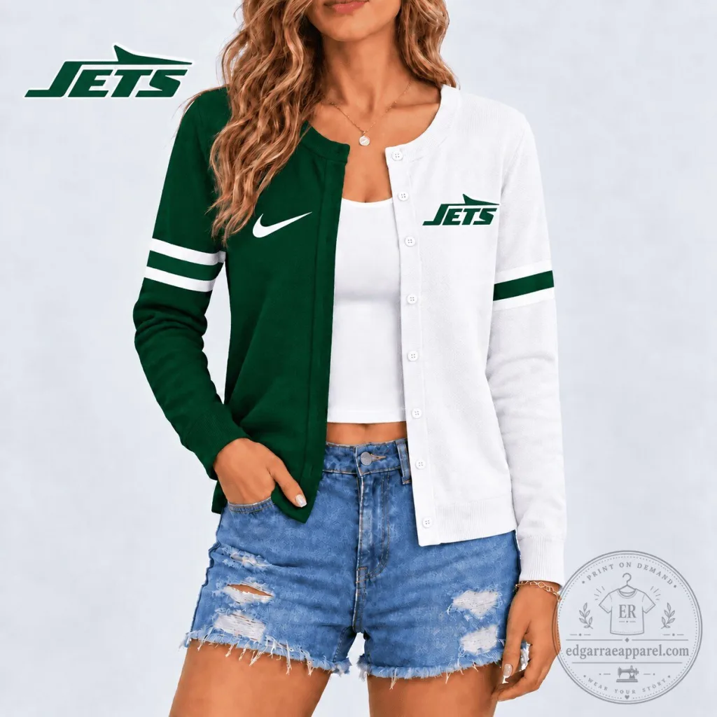 New York Jets Split Colorblock Button Up Cardigan Sweater New York Jets Split Colorblock Button Up Cardigan Sweater