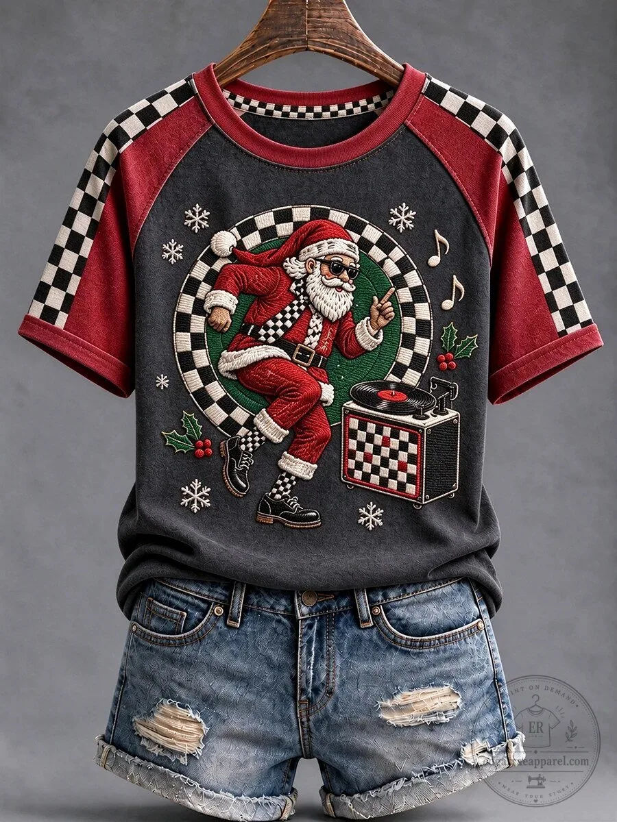 Merry Ska Christmas Santa Claus Checkered Pattern Short Sleeve T-Shirt
