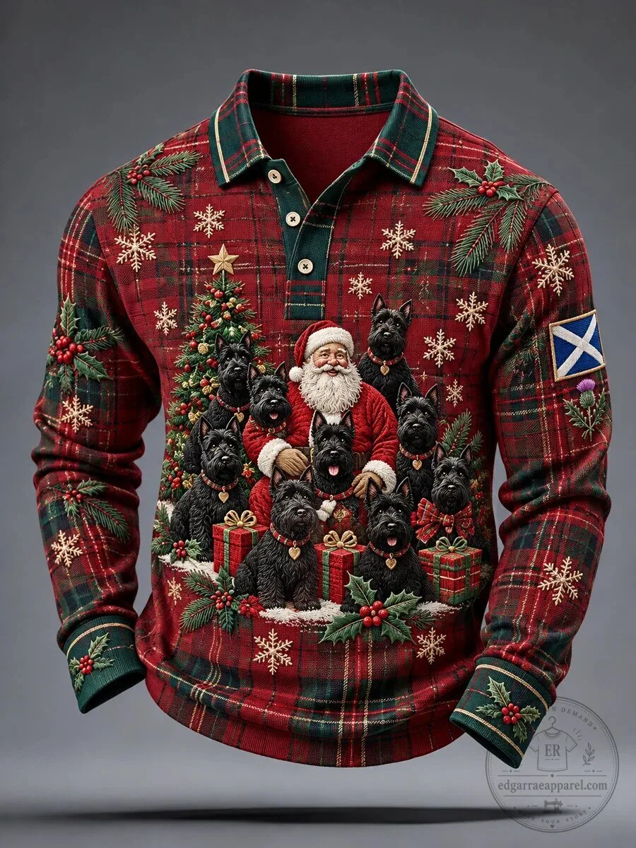 Scottish Christmas Santa Claus and Terrier Dogs Holiday Plaid Long Sleeve Polo Shirt