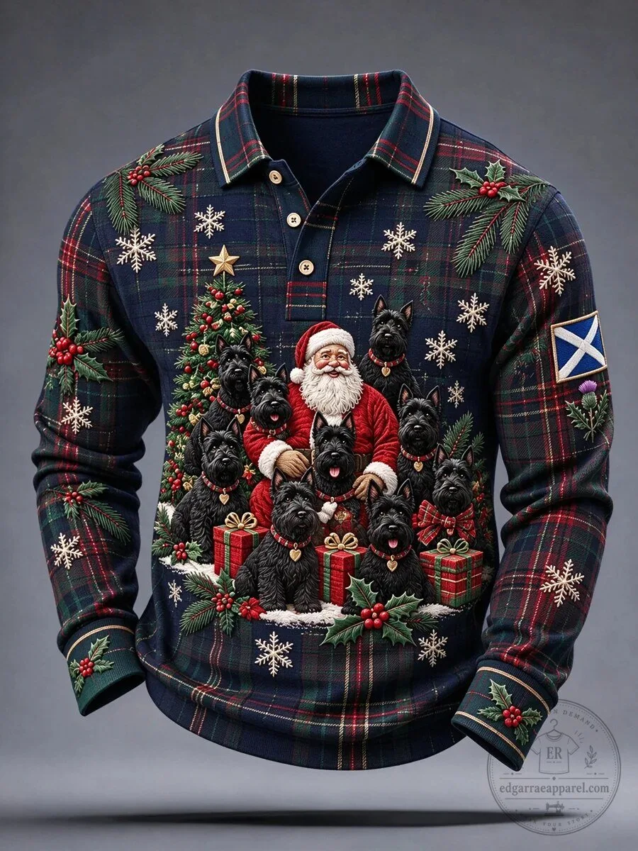 Scottish Christmas Santa Claus and Terrier Dogs Holiday Plaid Long Sleeve Polo Shirt 7 Scottish Christmas Santa Claus and Terrier Dogs Holiday Plaid Long Sleeve Polo Shirt