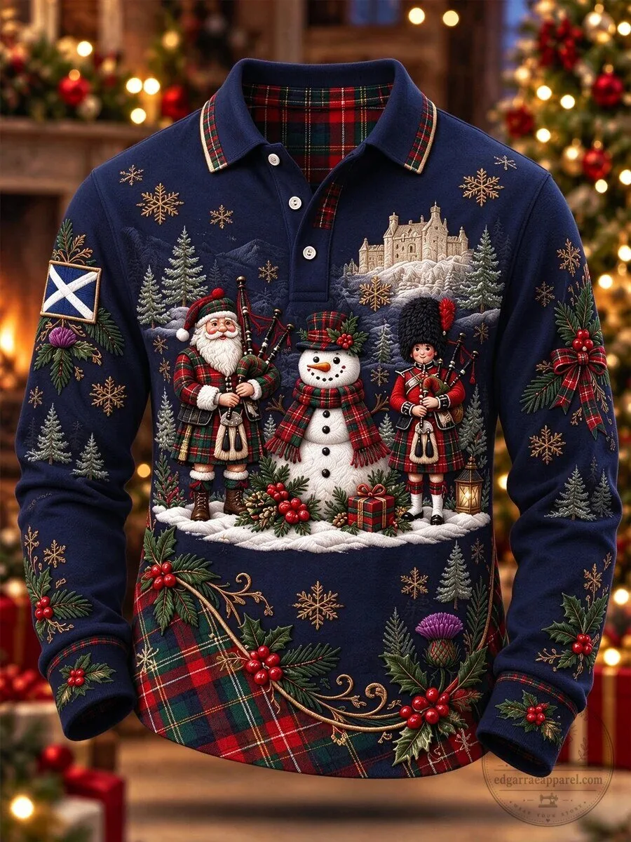 Scottish Christmas Santa Claus Snowman Bagpiper Long Sleeve Polo Shirt