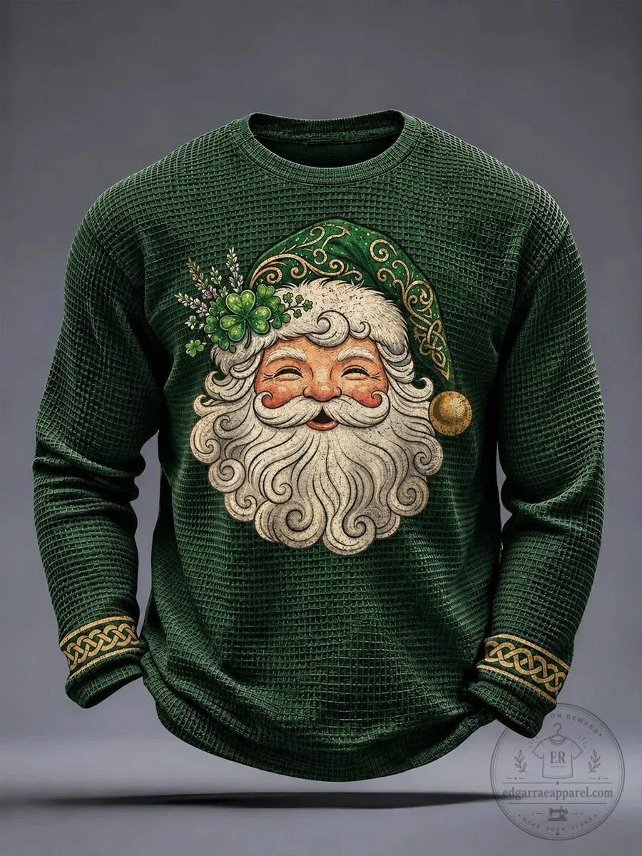 Irish Christmas Santa Claus Shamrock Waffle Knit Long Sleeve Shirt