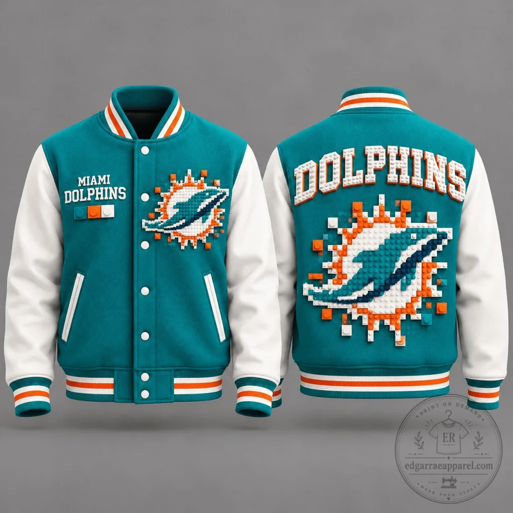 Miami Dolphins NFL Pixel Power Varsity Jacket Miami Dolphins NFL Pixel Power Varsity Jacket