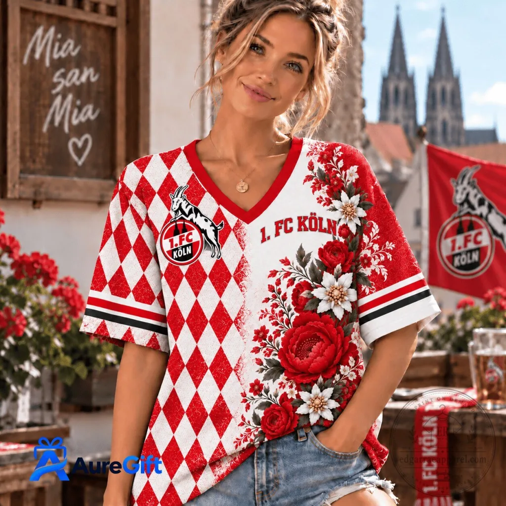 1. FC Köln Bundesliga Matchday Red White Floral V-Neck Short Sleeve T-Shirt 1. FC Köln Bundesliga Matchday Red White Floral V-Neck Short Sleeve T-Shirt