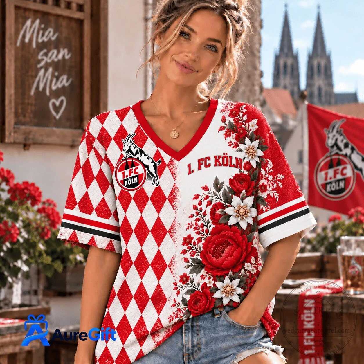 1. FC Köln Bundesliga Matchday Red White Floral V-Neck Short Sleeve T-Shirt
