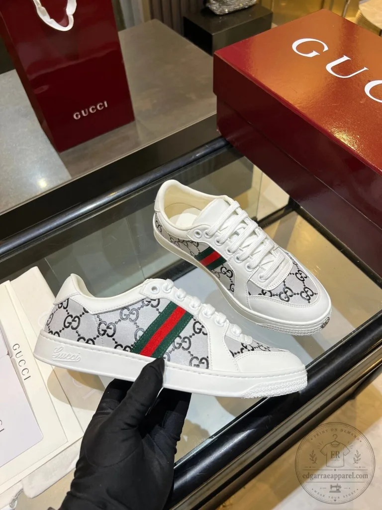 Gucci Monogram Pattern White Leather Low Top Sneakers
