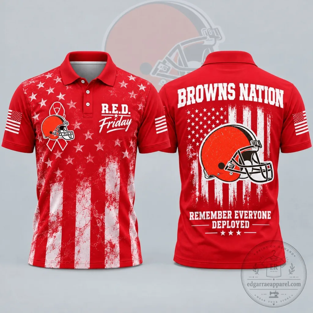 Cleveland Browns RED Friday Remember Everyone Deployed American Flag Polo Shirt Cleveland Browns RED Friday Remember Everyone Deployed American Flag Polo Shirt