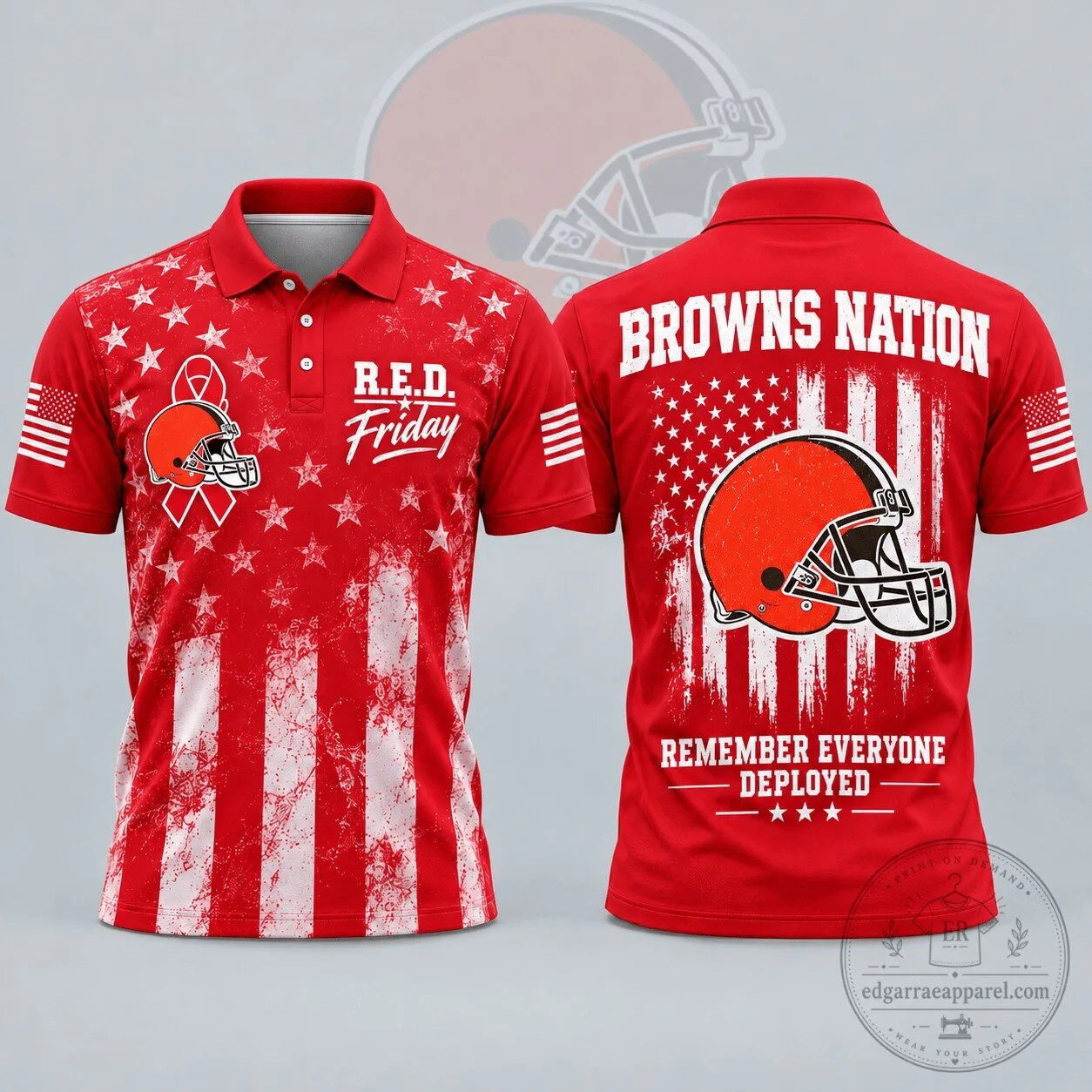 Cleveland Browns RED Friday Remember Everyone Deployed American Flag Polo Shirt