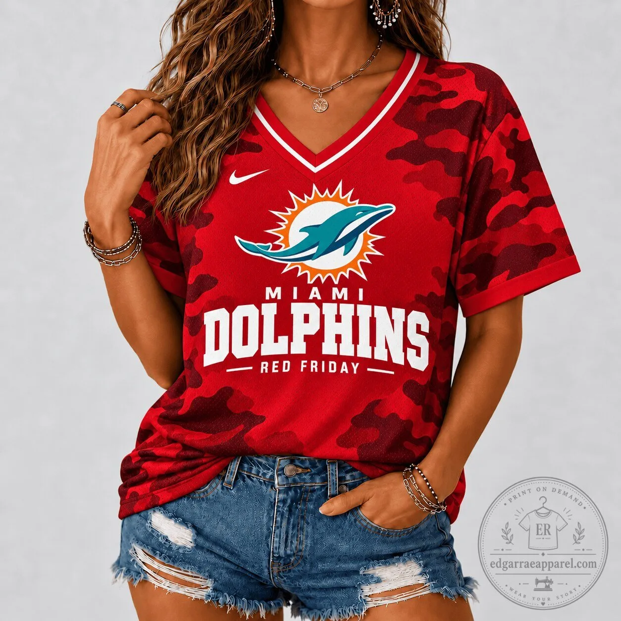 Miami Dolphins Red Friday Camouflage V-Neck Football Jersey for Women
