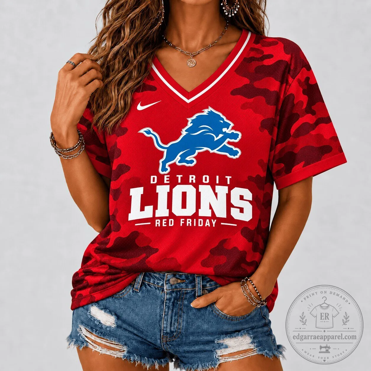 Detroit Lions Red Friday Camouflage V-Neck Football Jersey for Women