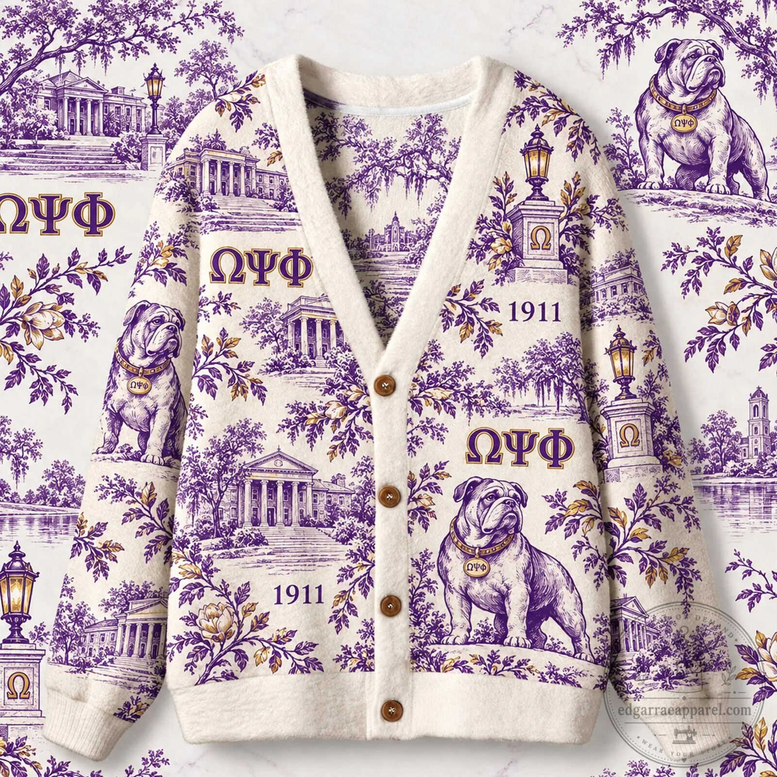 Omega Psi Phi Fraternity Bulldog Toile Pattern Button-Front Cardigan