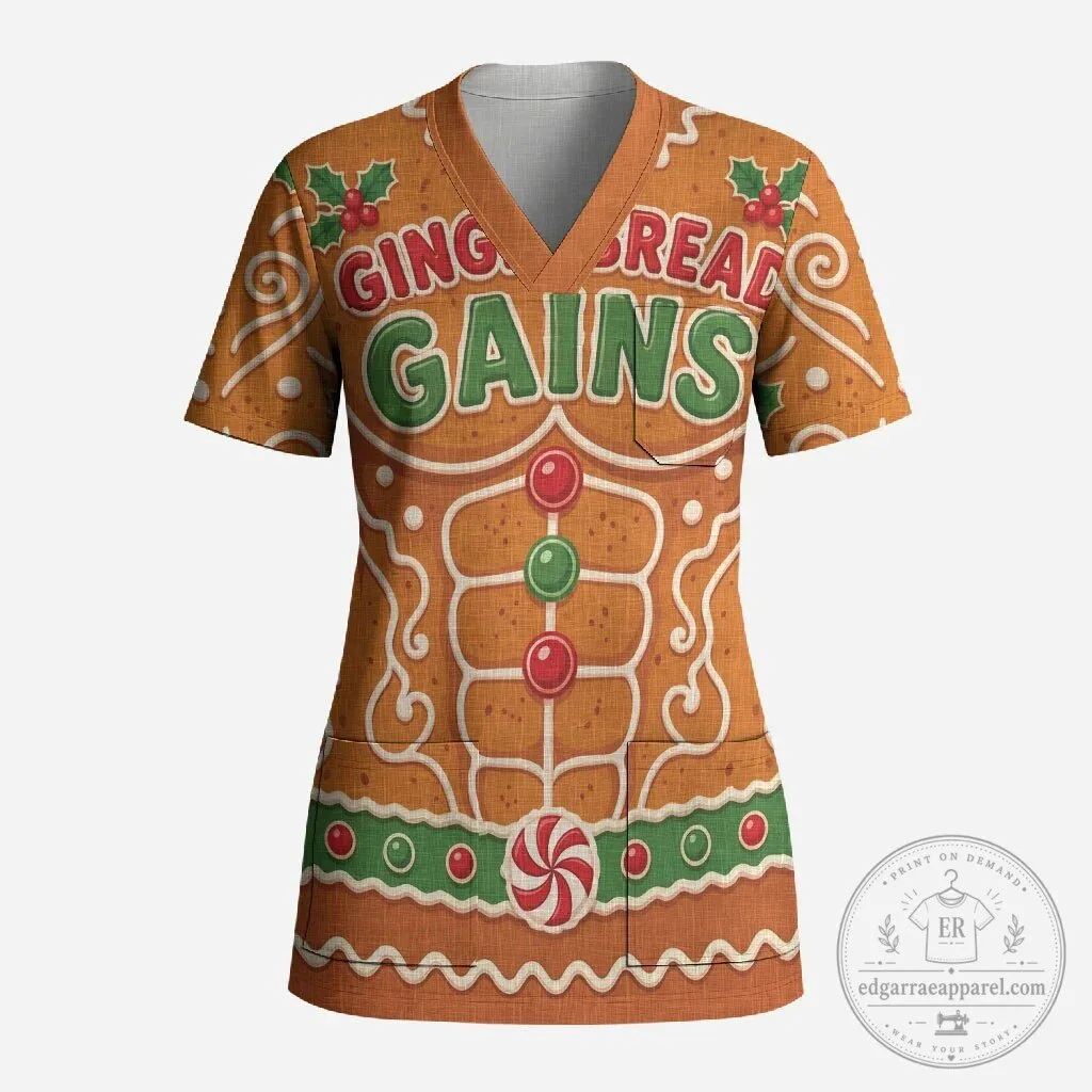 Funny Christmas Gingerbread Man Gains Bodybuilder Holiday Scrub Top