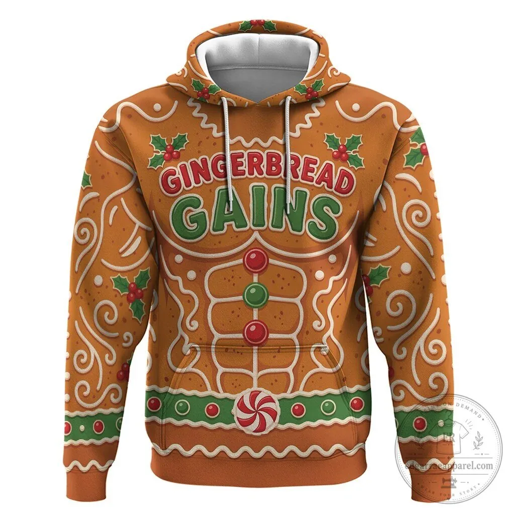 Funny Christmas Gingerbread Man Gains Bodybuilder Holiday Hoodie