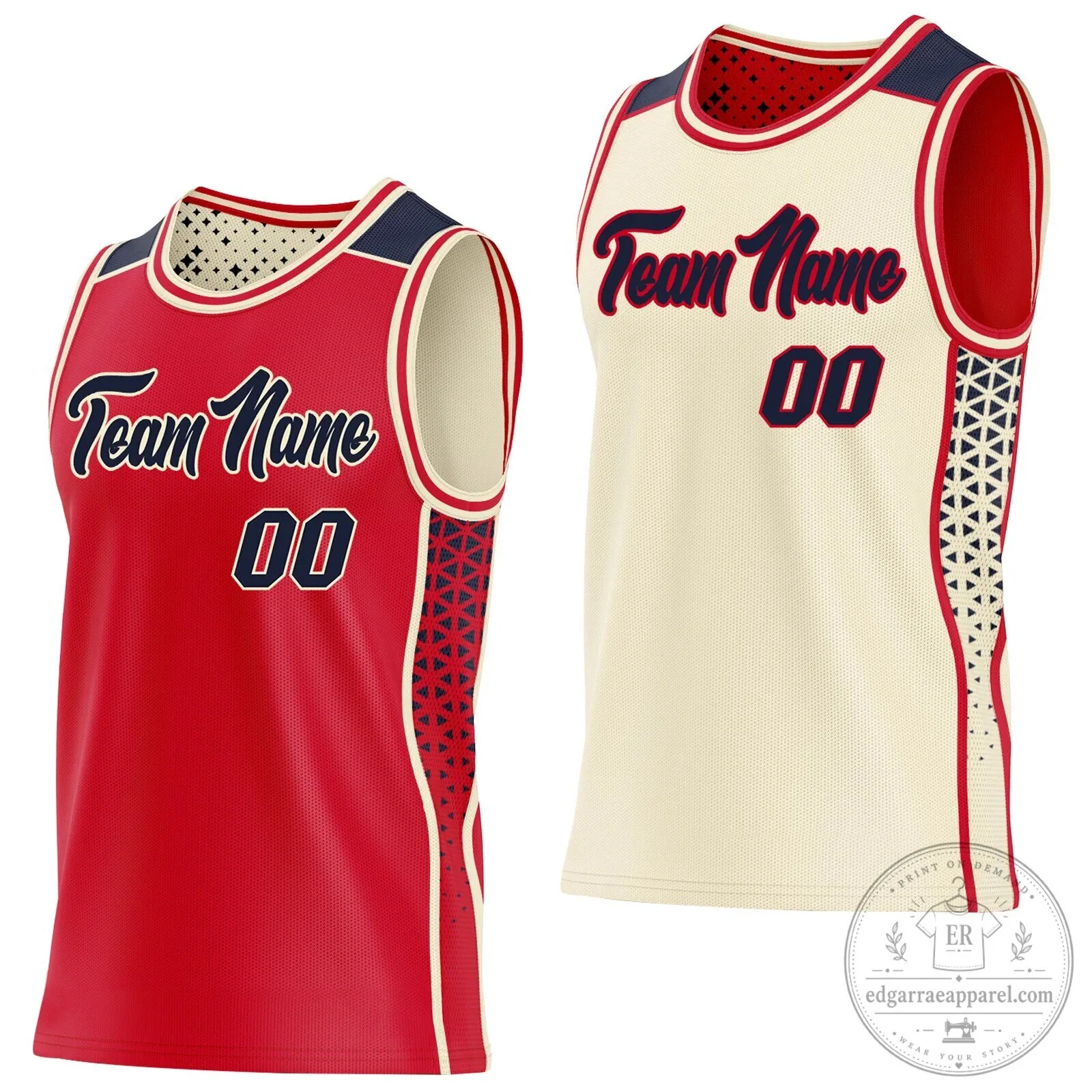 Custom Red Navy Cream Reversible Basketball Jersey with Side Panel Stripe and Geometric Triangle Gradient Dot 9 Custom Red Navy Cream Reversible Basketball Jersey with Side Panel Stripe and Geometric Triangle Gradient Dot
