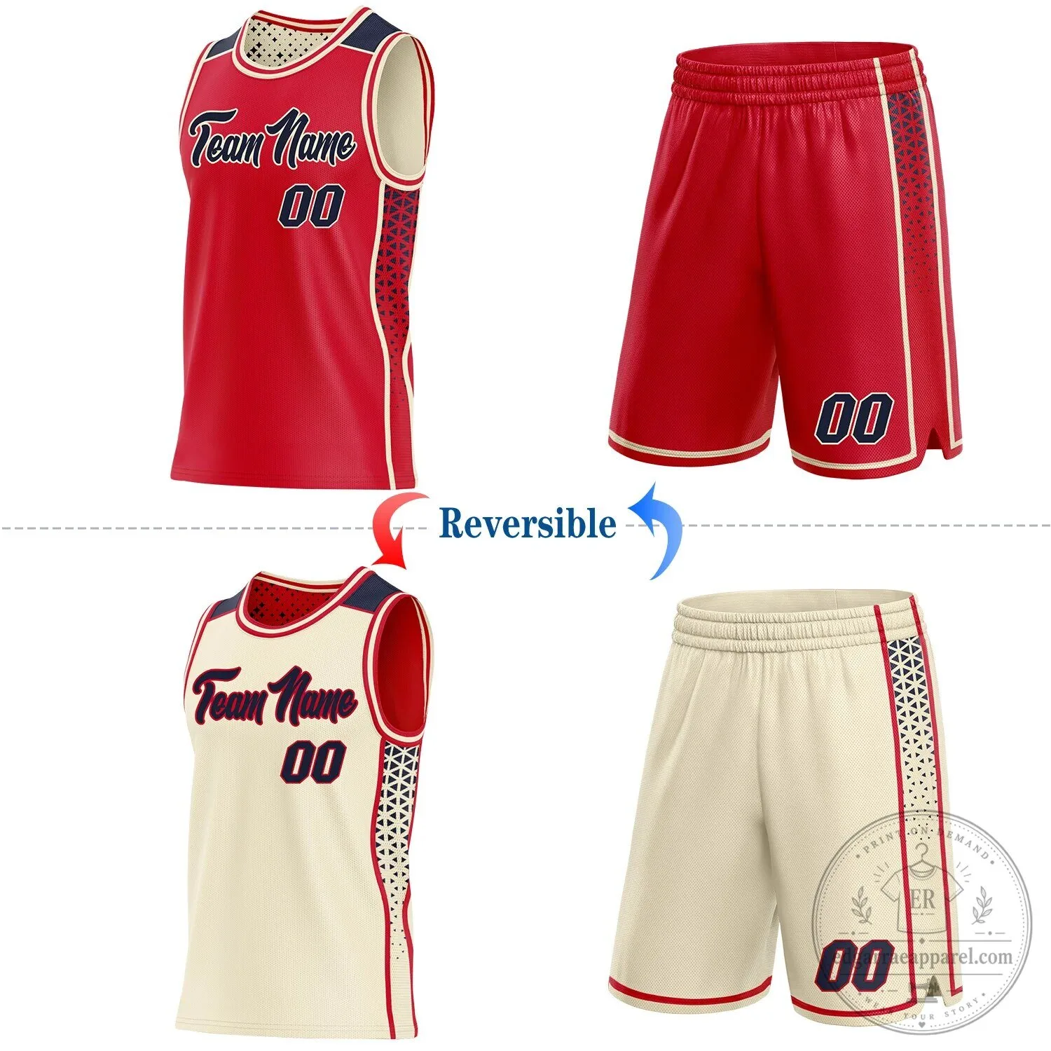 Custom Red Navy Cream Reversible Basketball Jersey with Side Panel Stripe and Geometric Triangle Gradient Dot 10 Custom Red Navy Cream Reversible Basketball Jersey with Side Panel Stripe and Geometric Triangle Gradient Dot