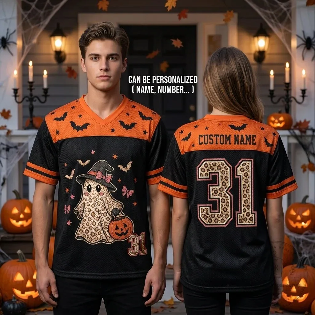 Personalized Halloween Cute Ghost Leopard Print Custom Name Football Jersey