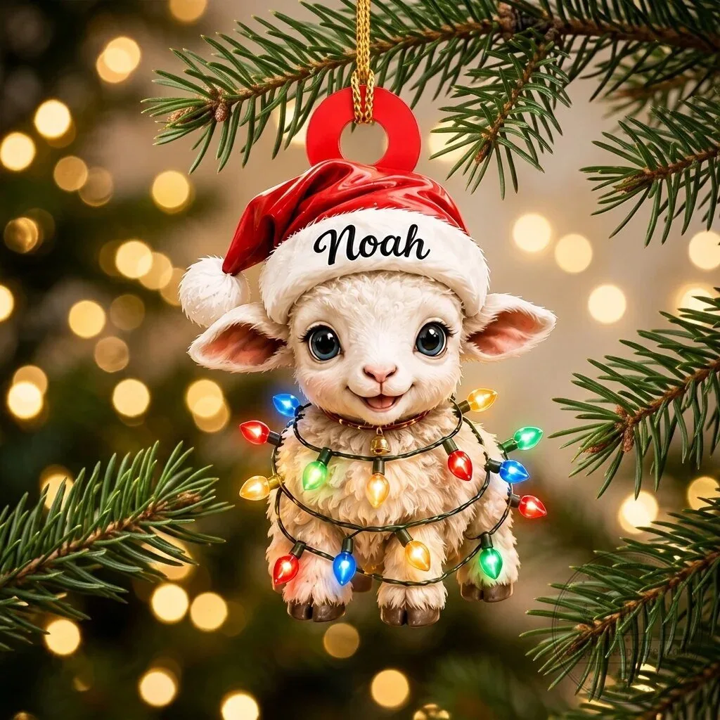 Personalized Baby Lamb Christmas Ornament with Santa Hat and Lights