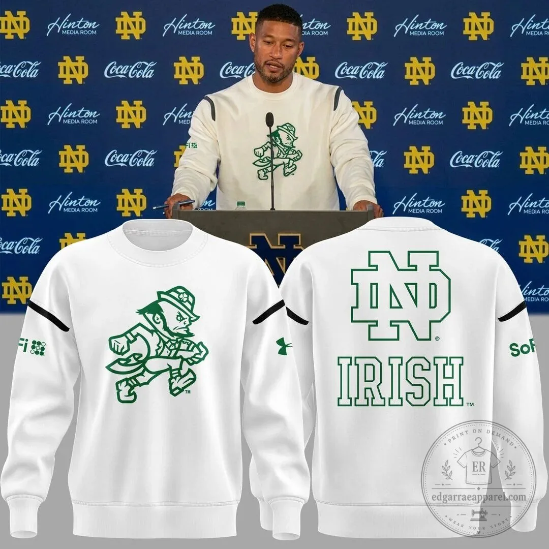 White Sweatshirt featuring the Fighting Irish Mascot of Notre Dame Football