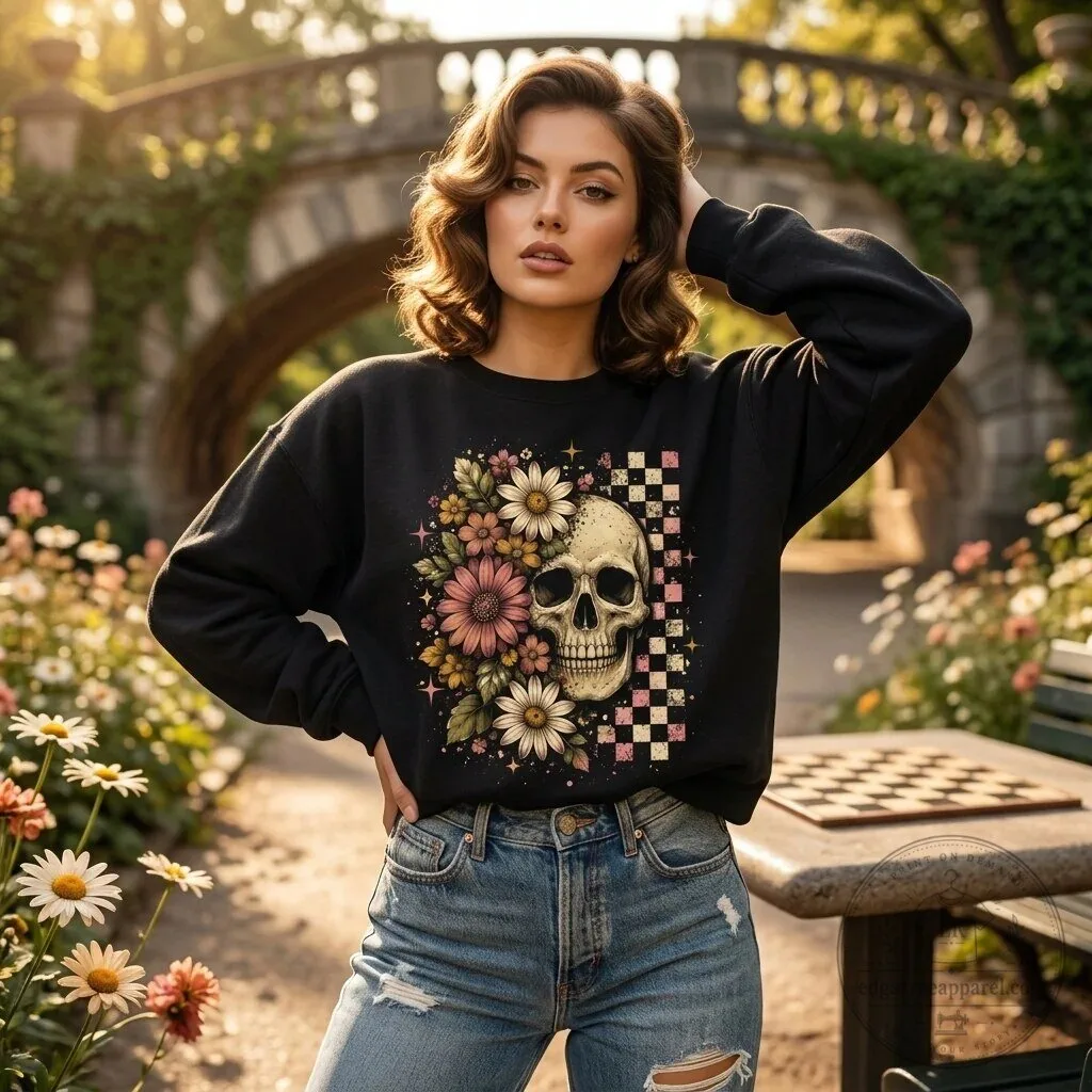 Retro Boho Skull and Floral Graphic Checkered Pattern Sweatshirt for Women