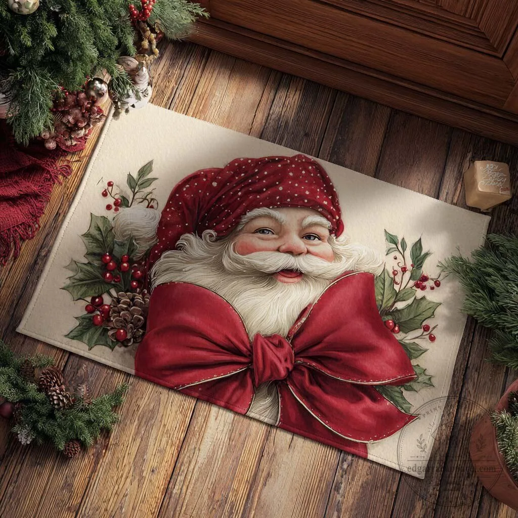 Smiling Santa Claus With Red Bow Christmas Holiday Welcome Doormat