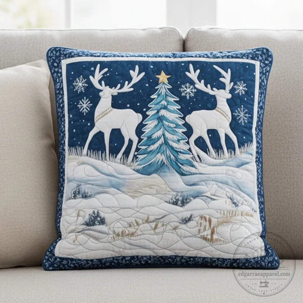 Festive Winter Reindeer Christmas Tree Quilted Decorative Pillow Cover