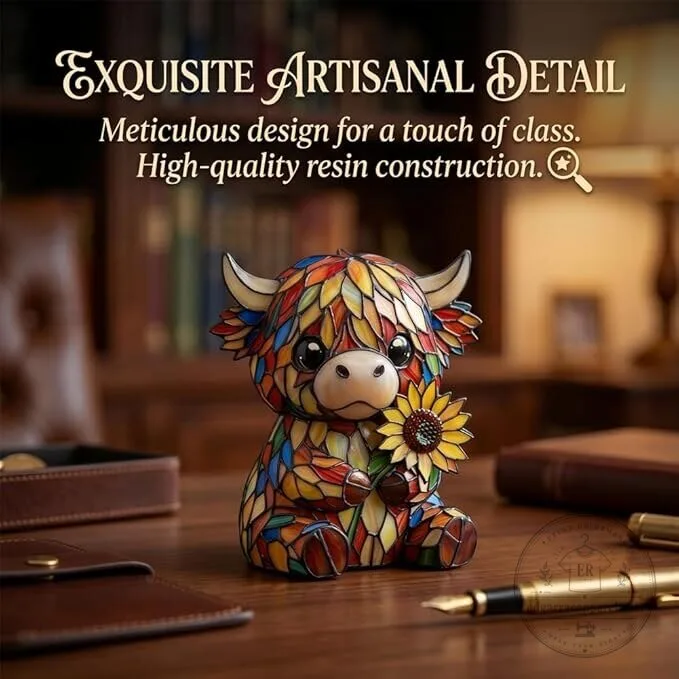 Highland Cow Stained Glass Sunflower LED Night Light Figurine 12 Highland Cow Stained Glass Sunflower LED Night Light Figurine